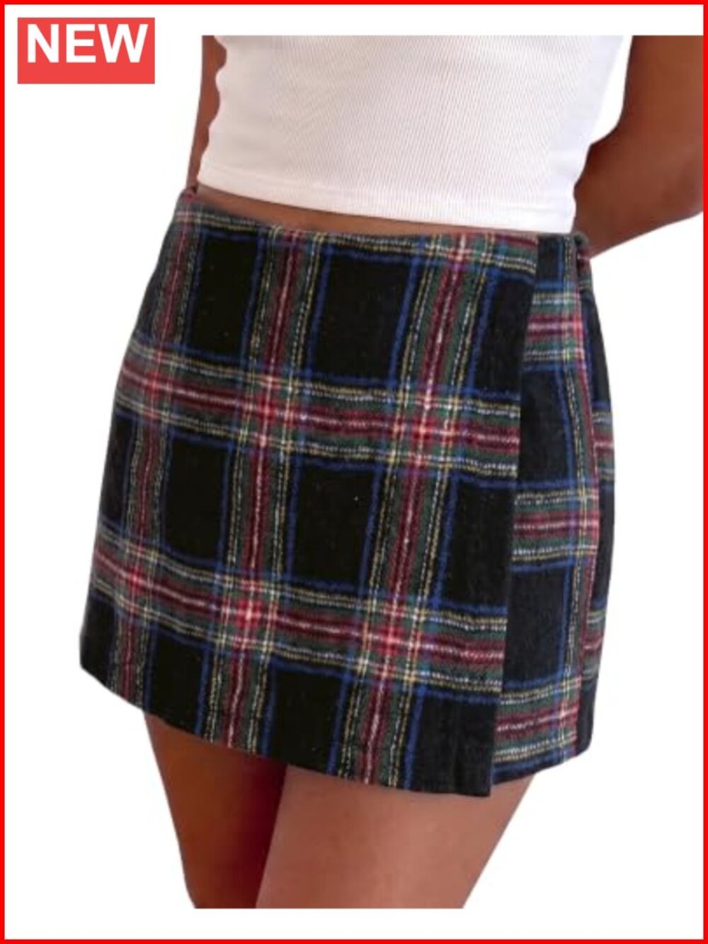 Plaid Mini Skort with Built-In Shorts High Rise Faux Wrap Skirt